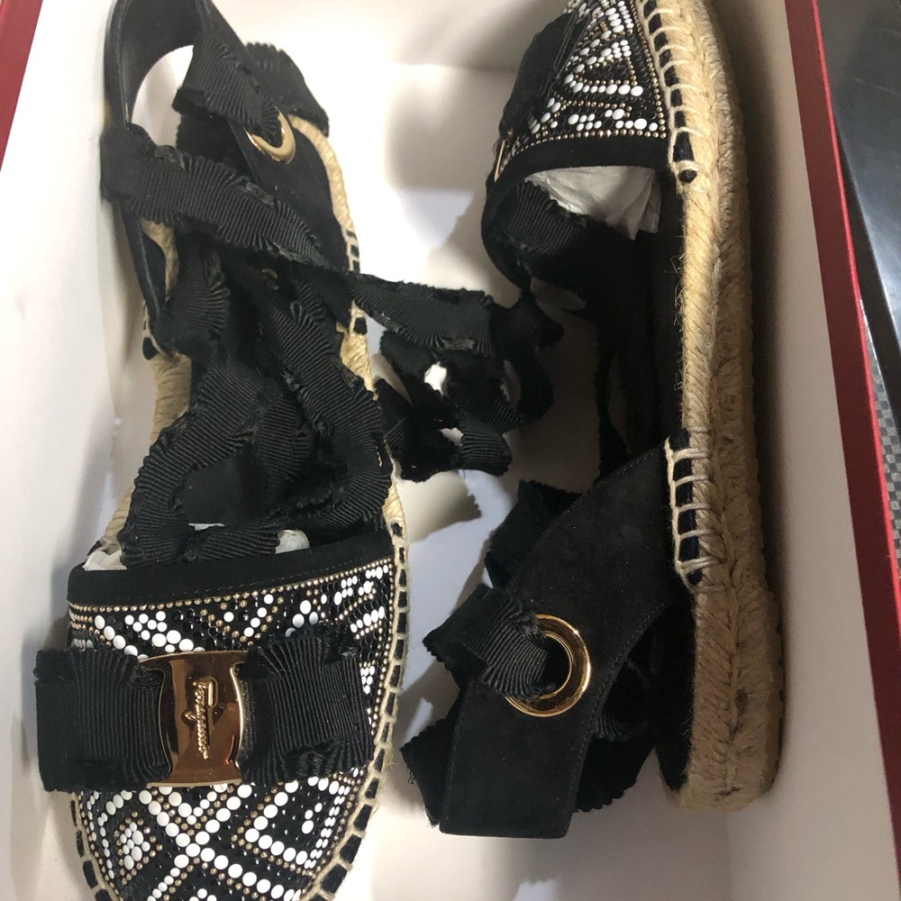 Salvatore Ferragamo Espadrilles Black White Gold Bea Gem